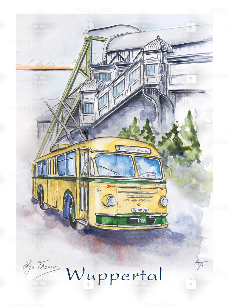 Wuppertaler O-Bus | Stadtposter - Städteposter - Einzigartige Poster von vielen deutschen Städten und Sehenswürdigkeiten. Im stylischen Aquarell-Design von Anja Thams, mit Stadtplan im Hintergrund. Als Wandbild, Poster und Fine-Art. - Realisiert mit Pictrs.com