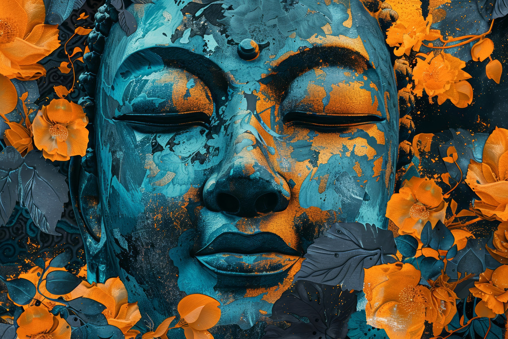 2402035 - Träumender Buddha | Modernes Wandbild einer Buddhaskulptur mit floralen Elementen.