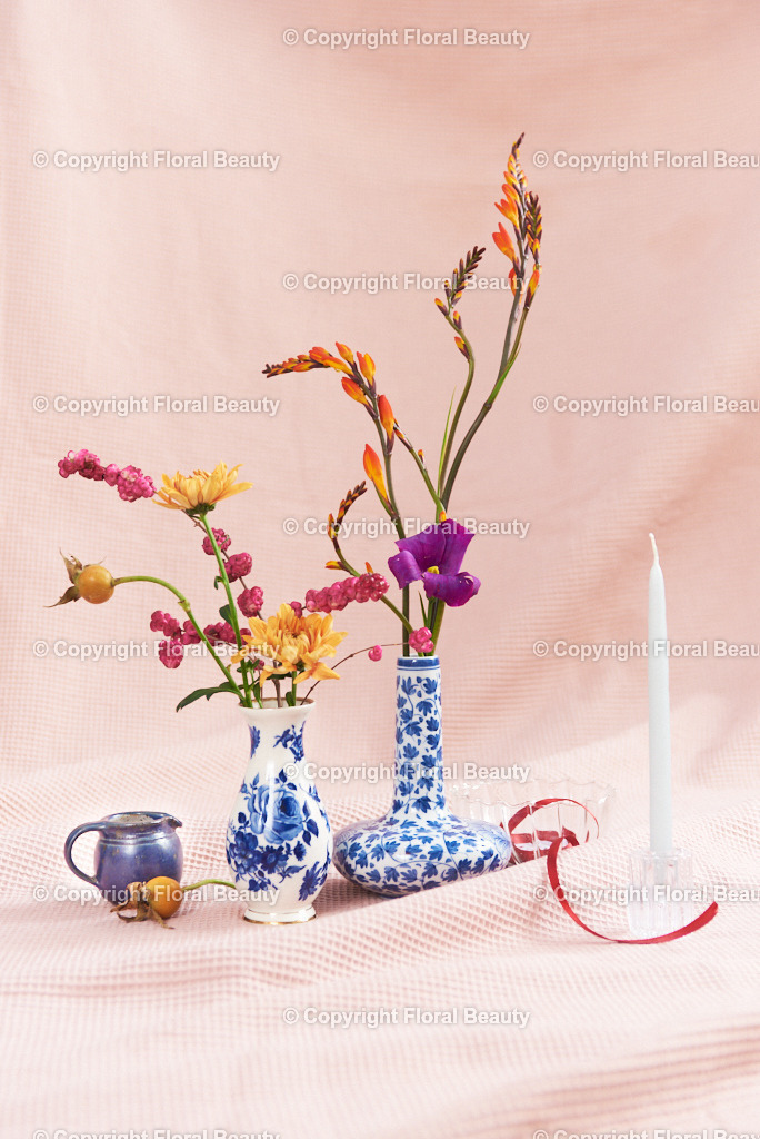 Blau-weiße Vasen mit Montbretien auf rosa | zwei kleine blau-weiße Vasen mit orangen Montbretien auf rosa Untergrund als hochformatiger Druck. - Realized with Pictrs.com