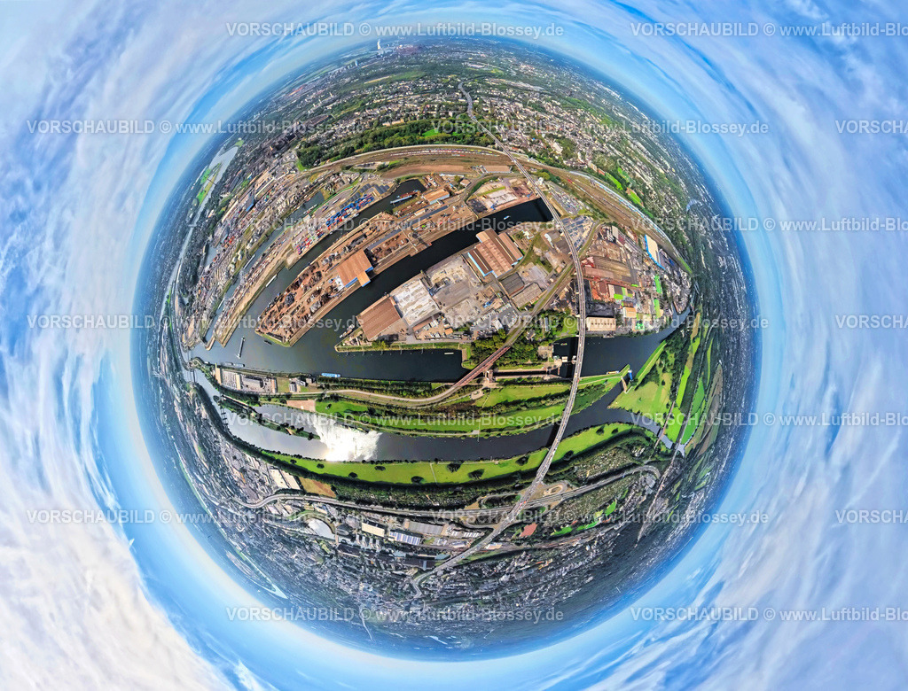 Duisburg250903947(1) | Luftbild, Hafen Duisburg-Ruhrort mit Ölinsel, Kohleninsel und Schrottinsel, Autobahn A59, Fluss Ruhr und Rhein-Herne-Kanal, Erdkugel, Fisheye Aufnahme, Fischaugen Aufnahme, 360 Grad Aufnahme, tiny world, little planet, fisheye Bild, Ruhrort, Duisburg, Ruhrgebiet, Nordrhein-Westfalen, Deutschland