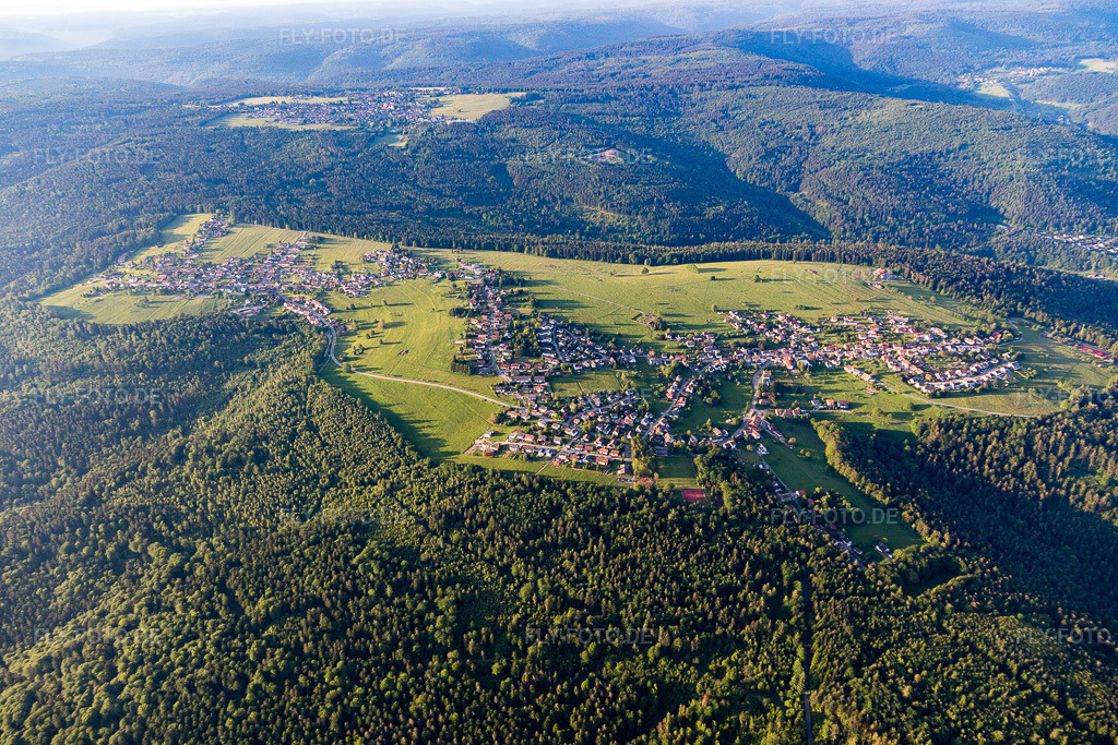 Luftbild: Wald- Gebiete und Forstflächen umsäumen das Siedlungsgebiet des Dorfes in Neusatz im Ortsteil Neusatz in Bad Herrenalb im Bundesland Baden-Württemberg in Deutschland. Foto: IMG_114334.jpg vom 30.05.2019 durch Werner Riehm/FLY-FOTO.de