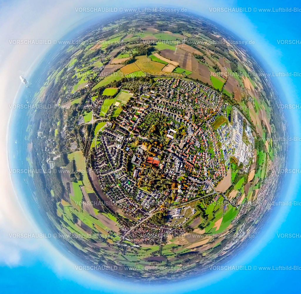 Selm241190520Bork | Luftbild, Wohngebiet Ortsansicht Bork, Erdkugel, Fisheye Aufnahme, Fischaugen Aufnahme, 360 Grad Aufnahme, tiny world, little planet, fisheye Bild, Bork, Selm, Ruhrgebiet, Nordrhein-Westfalen, Deutschland