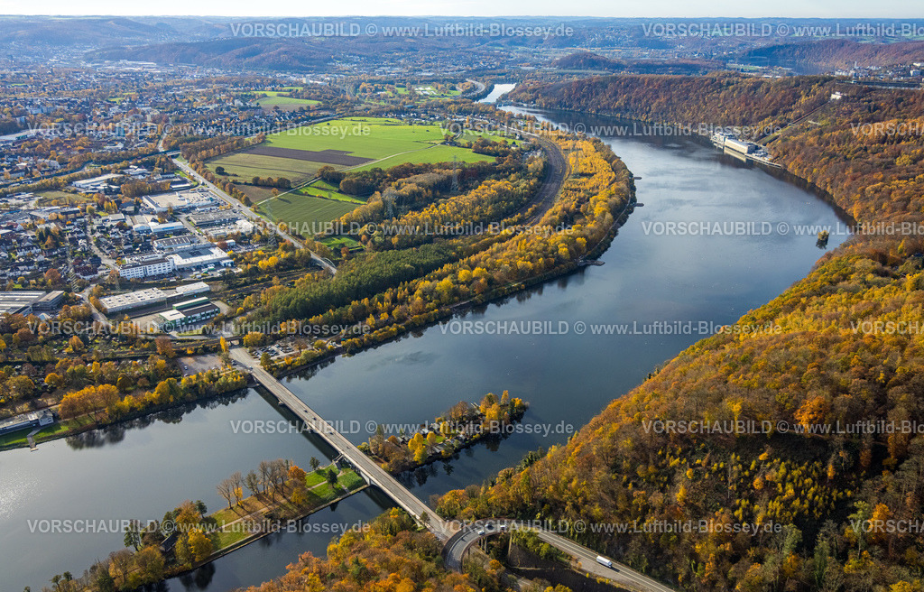 Hagen251100288 | Luftbild, Hengsteysee und Brücke Dortmunder Straße, Uhlenbruch Landschaftsschutzgebiet und herbstliche Bäume, Boele, Hagen, Ruhrgebiet, Nordrhein-Westfalen, Deutschland