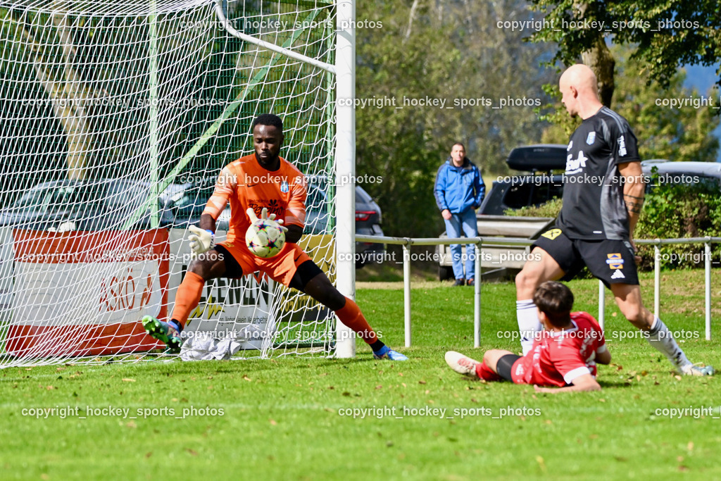SV Rothentuhurn vs. URC Thal Assling | Tor SV Rothenthurn, #99 Ayotunde Ezekiel Ikuepamitan URC Thal Assling, #31 Fabio Daxer SV Rothenthurn, #14 David Walder URC Thal Assling, SV Rothentuhurn vs. URC Thal Assling, SV Rothentuhurn vs. URC Thal Assling am 15.09.2024 in Rothenthurn (Sportplatz Rothenthurn), Austria, (Photo by Bernd Stefan)