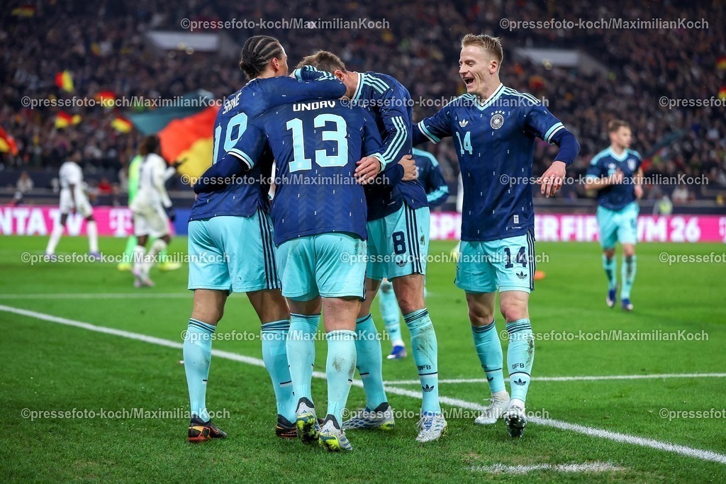 DFB30032600086 | 30.03.2026, Fußball, Länderspiel, Deutschland - Ghana, MHP-Arena (Stuttgart), Saison 2025 2026: Torjubel nach dem Tor zum 2:1 durch Torschütze Deniz Undav (GER #13)  zusammen mit Leroy Sane (GER #19) Leon Goretzka (GER #08) Chris Führich (GER #14)    DFB regulations prohibit any use of photographs as image sequences and or quasi-video.