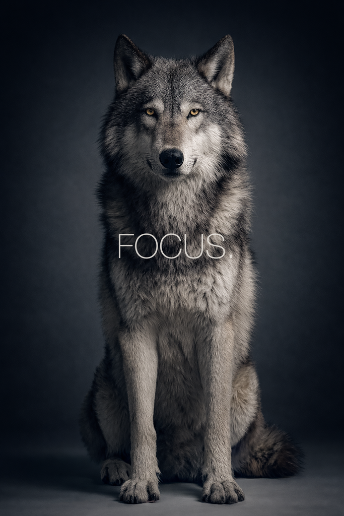 Poster: WILD WITHIN – FOCUS. | Grauer Wolf sitzt frontal vor dunklerem Studiohintergrund und blickt konzentriert direkt nach vorn. Typografisches Poster aus der Kollektion WILD WITHIN mit dem Wort „FOCUS.“ - Realisiert mit Pictrs.com