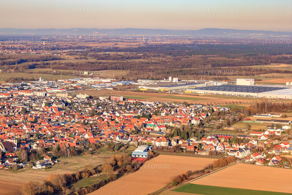 Luftbild: Industriegebiet Interpark aus Südwesten im Winter in Offenbach an der Queich im Bundesland Rheinland-Pfalz in Deutschland. Foto: IMG_62449.jpg vom 24.02.2014 durch Werner Riehm/FLY-FOTO.de