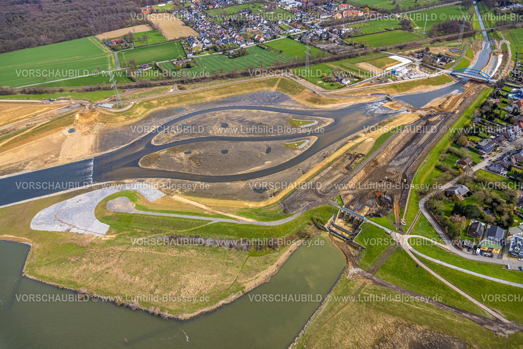 Dinslaken230301187Emschermuendung | Luftbild, Bauarbeiten neue Emschermündung in den Fluss Rhein, Renaturierung der Emscher, Neugestaltung und Umlegung der Emschermündung, Fischtreppe, Emscherbrücke Hagelstraße, Fallbauwerk, Eppinghoven, Dinslaken, Ruhrgebiet, Nordrhein-Westfalen, Deutschland