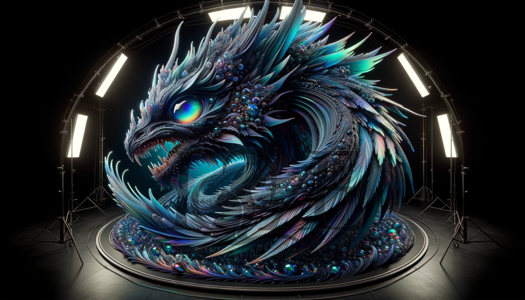 DALL_E 2023-10-06 00.05.53 - Wide angle_ 8k ultra-high-definition 3D render of an intricately detailed holographic dark blue glass sculpture of a mythical creature. The creature h | psy4fly - Realisiert mit Pictrs.com