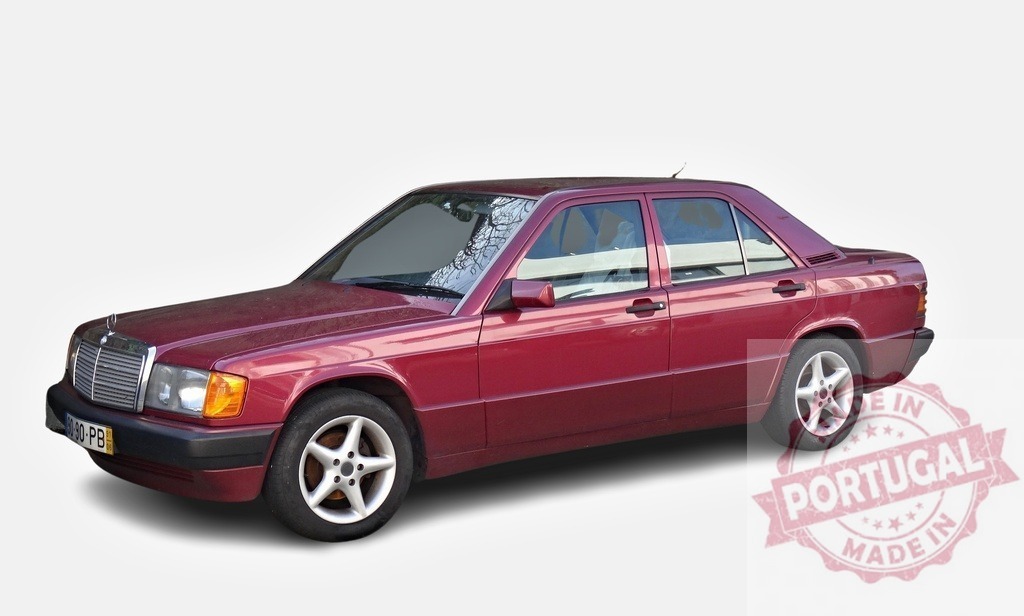 Mercedes-Benz 190E posing in studio with white background | Classic Mercedes-Benz 190E sedan posing in a studio setting with a clean white backdrop, emphasizing its timeless design - Realized with Pictrs.com