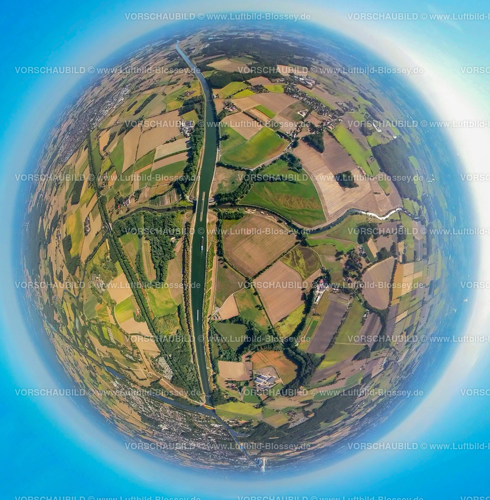 Olfen20220823_Lippeverlauf02 | Luftbild, Lippeverlauf mit Kanalbrücke Lippe Alte Fahrt und Kanalbrücke Lippe Neue Fahrt, Dortmund-Ems-Kanal, Fisheye Aufnahme, Fischaugen Aufnahme, 360 Grad Aufnahme, Stadtgrenze Olfen-Datteln, Pelkum, Datteln, Ruhrgebiet, Nordrhein-Westfalen, Deutschland