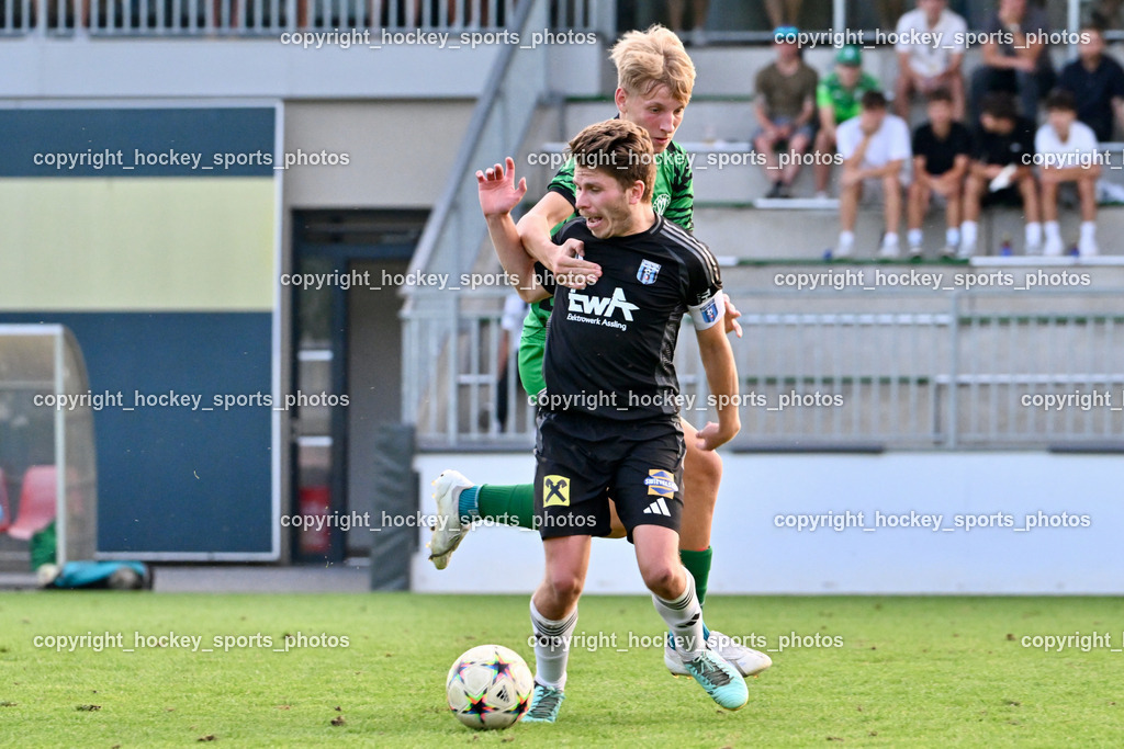 SC Landskron vs. Thal Assling  | #27 Dominik Klaus Kofler Thal Assling, #23 Jonas Jakob Armin Steinwender SC Landskron, SC Landskron vs. Thal Assling , SC Landskron vs. Thal Assling  am 09.08.2024 in Villach (Sportanlage Landskron), Austria, (Photo by Bernd Stefan)