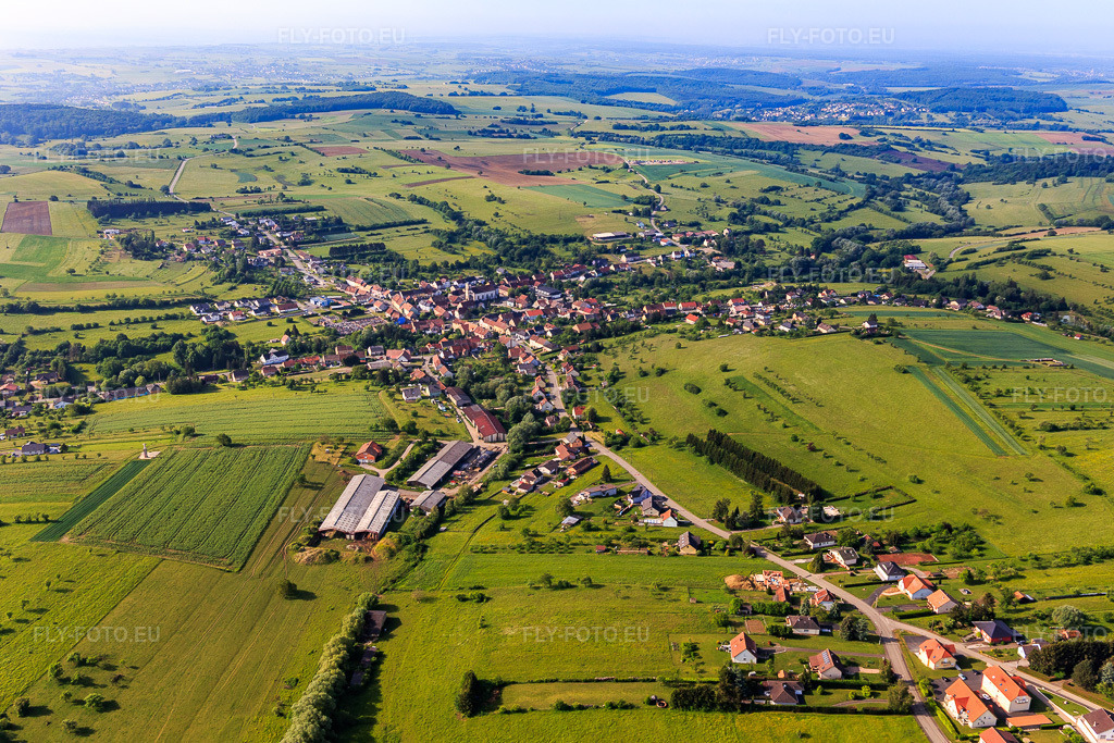 Vue aérienne: Vue de la ville depuis le nord à Wiesviller dans le département Moselle, France – .Photo: IMG_107302.jpg prise le 19/05/2018 par Werner Riehm/FLY-FOTO.eu – Résolution de l'original: 5264 x 3510 px