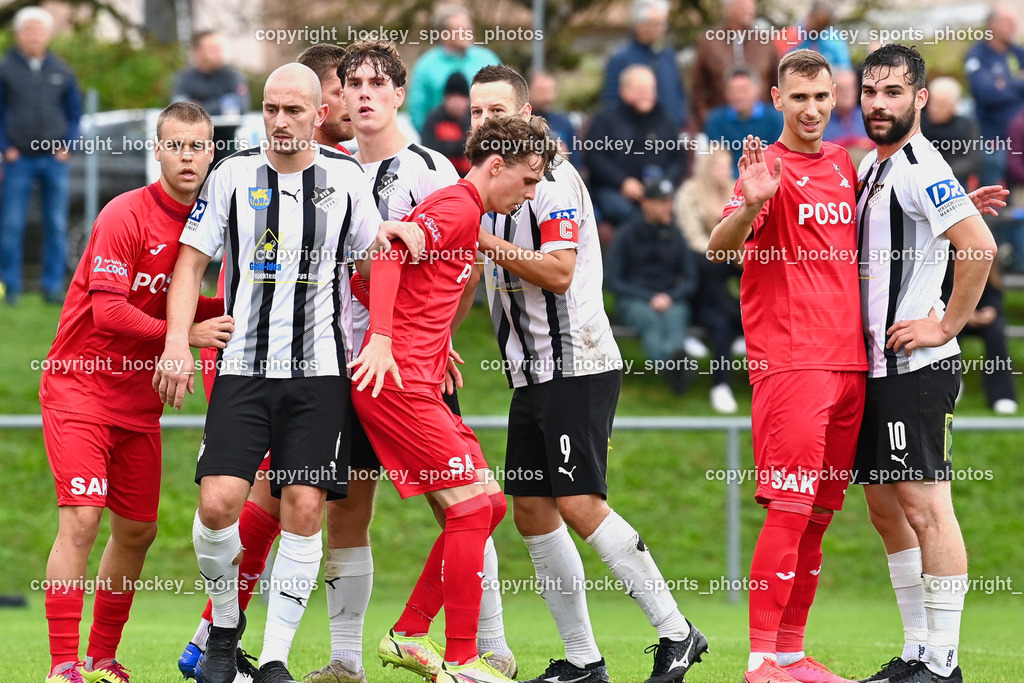 SVG Bleiburg vs. SAK 23.9.2023 | #13 Fabian Griesebner SAK, #6 Nikola Tolimir SVG Bleiburg, #4 Raphael Huber SVG Bleiburg, #17 Jan Sasa Ogris-Martic SAK, #9 Adnan Besic (K) SVG Bleiburg, #4 Marko Gajic SAK, #10 Dominik Peketz SVG Bleiburg, SVG Bleiburg vs. SAK 23.9.2023, SVG Bleiburg vs. SAK am 23.09.2023 in Bleiburg (Karl Kornberger Stadion), Austria, (Photo by Bernd Stefan)
