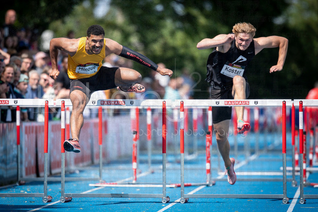 Elite Meeting; Mannheim, 14.06.2026 | MANNHEIM, GERMANY - JUNE 14, 2026 : Gregory Minoue (GER/Tracksrunner Bonn), Timme Koster (NED/Netherlands) competing in the men’s 110m hurdles during the Elite Meeting at Michael-Hoffmann-Stadion on June 14, 2026 in Mannheim, Germany.