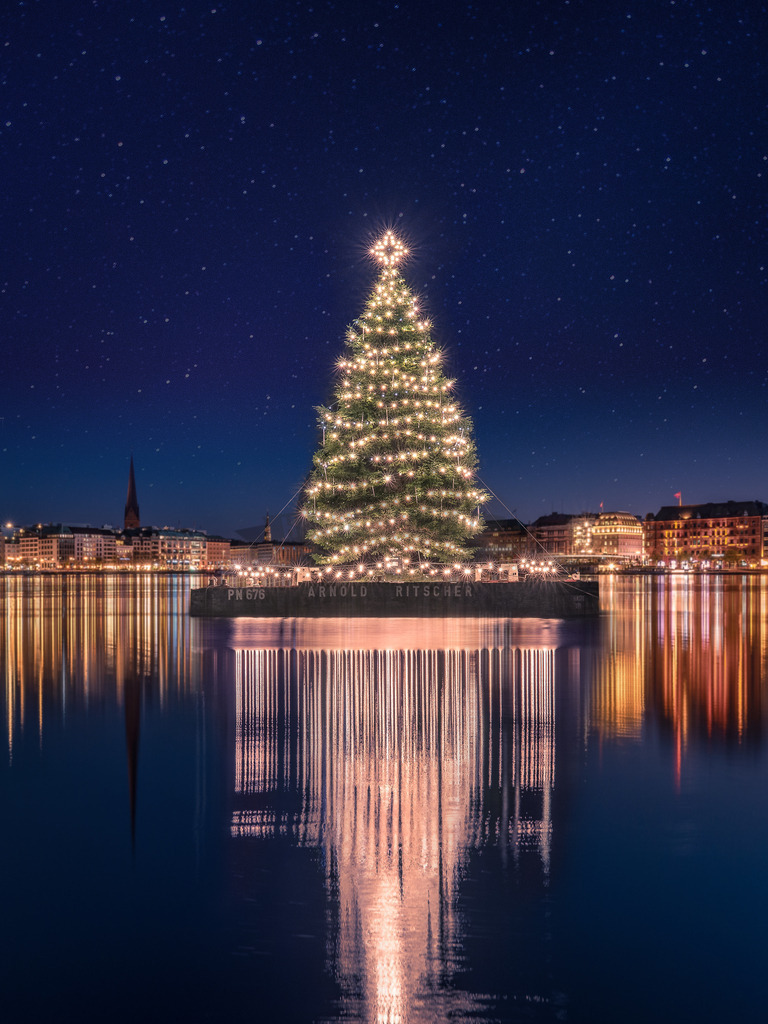 Xmas Binnenalster Weihnachtsbaum HH | Exklusive Hamburg collagen, tolle Segelbilder und viele weitere tolle Motive auf Leinwand, Poster, Alu-Dibond, u.v.m. findet Ihr bei uns auf hamburgbild.de. Findet Euer Wandbild für Euer Zuhause, Büro oder die  Praxis…. - Realisiert mit Pictrs.com