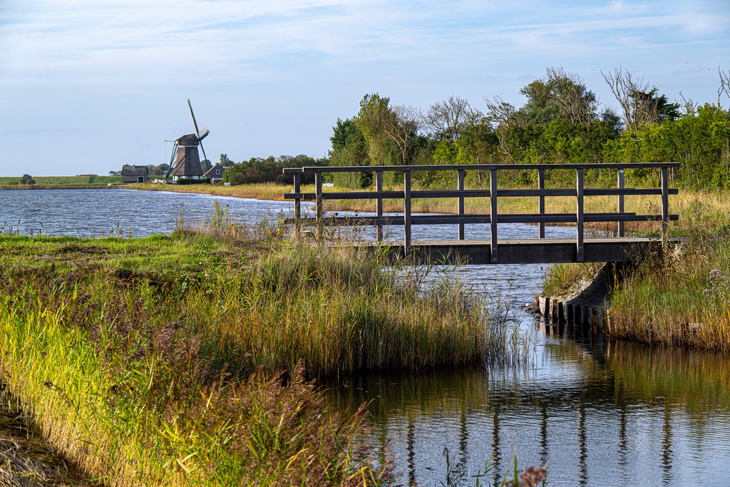 Historische Windmühle Het Noorden und Holzbrücke in der Polderlandschaft auf Texel | Eine Holzbrücke führt über einen Graben in der idyllischen Polderlandschaft der holländischen Nordseeinsel Texel. Im Hintergrund erhebt sich am Deich die historische Mühle „Het Noorden“. Umgeben von reicher Ufervegetation vermittelt das Motiv typisch niederländische Romantik und eignet sich ideal für redaktionelle Beiträge zu Themen wie Inseltourismus, Radfahren, Binnenland, Kulturlandschaft, Mühlenromantik und Wasserbau in Holland. - Realisiert mit Pictrs.com