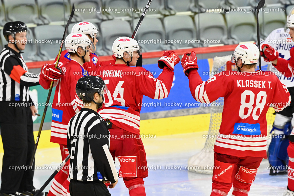 EC KAC Future Team vs. Die Adler Kitzbühl 7.10.2023 | Jubel EC KAC FUTURE Team, #88 Klassek Thomas EC KAC FUTURE TEAM, #64 Preiml Maximilian EC KAC FUTURE TEAM, EC KAC Future Team vs. Die Adler Kitzbühl 7.10.2023, EC KAC Future Team vs. Die Adler Kitzbühl am 07.10.2023 in Klagenfurt (Messehalle Klagenfurt), Austria, (Photo by Bernd Stefan)