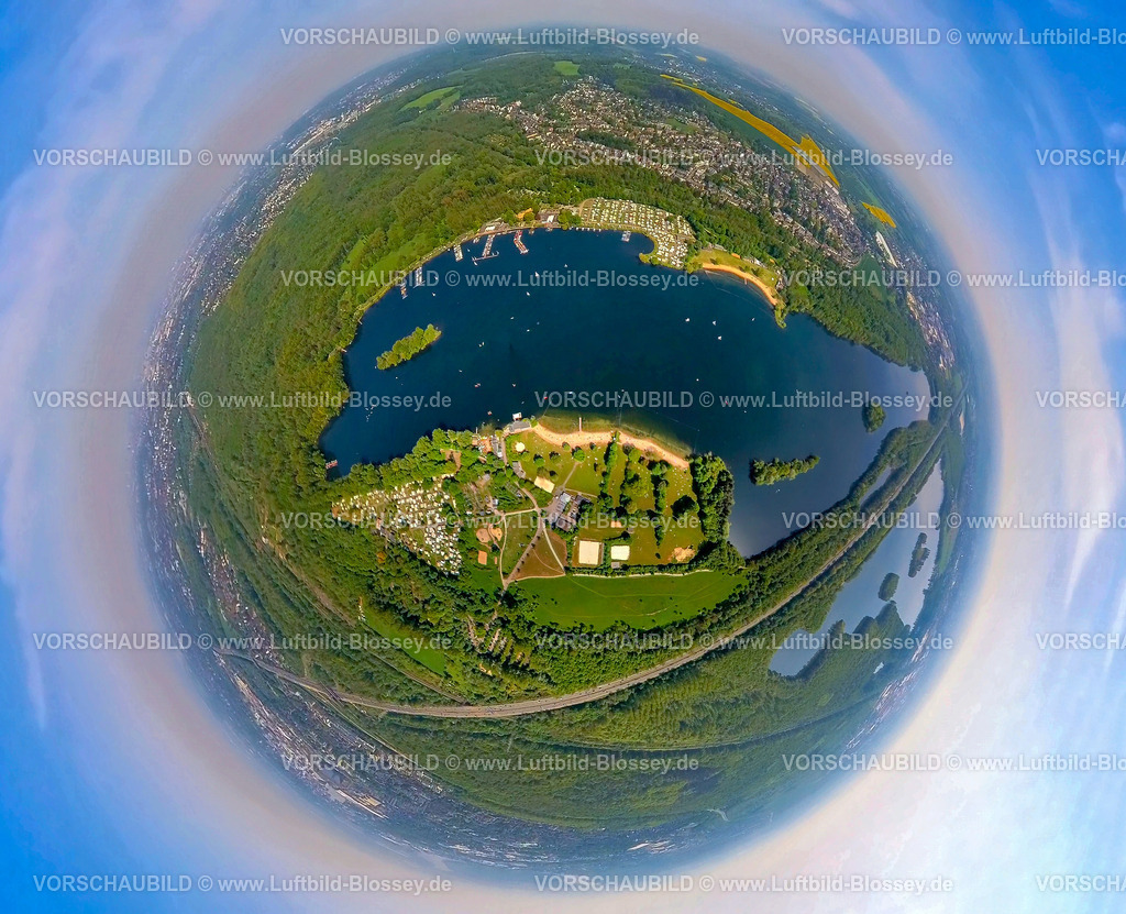 Duesseldorf240590083UnterbacherSee | Luftbild, Unterbacher See mit Strandbad Nord mit Campingplatz Nord und Strandbad Süd mit Campingplatz Süd, Segelboote und Bootsanlegestellen, Waldgebiet Eller Forst, Erdkugel, Fisheye Aufnahme, Fischaugen Aufnahme, 360 Grad Aufnahme, tiny world, little planet, fisheye Bild, Unterbach, Düsseldorf, Nordrhein-Westfalen, Deutschland