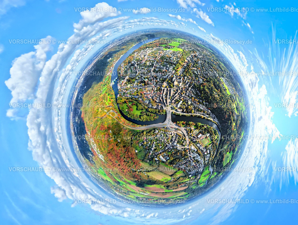 Essen251002813Sued(1) | Luftbild, Wohngebiet Ortsansicht Ortsteil Werden mit der Gustav-Heinemann-Brücke über den Fluss Ruhr, Essen-Süd, Erdkugel, Fisheye Aufnahme, Fischaugen Aufnahme, 360 Grad Aufnahme, tiny world, little planet, fisheye Bild, Werden, Essen, Ruhrgebiet, Nordrhein-Westfalen, Deutschland