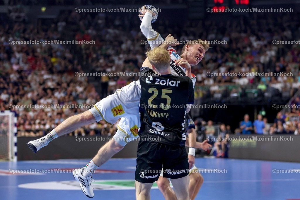 KoeEHF15062502024 | 15.06.2025, Handball, Finale TruckScout24 EHF FINAL4, LANXESS arena Köln, Füchse Berlin - SC Magdeburg: Matthes Langhoff  (Fuechse Berlin #25) gegen Gisli Kristjansson (Magdeburg #10) 