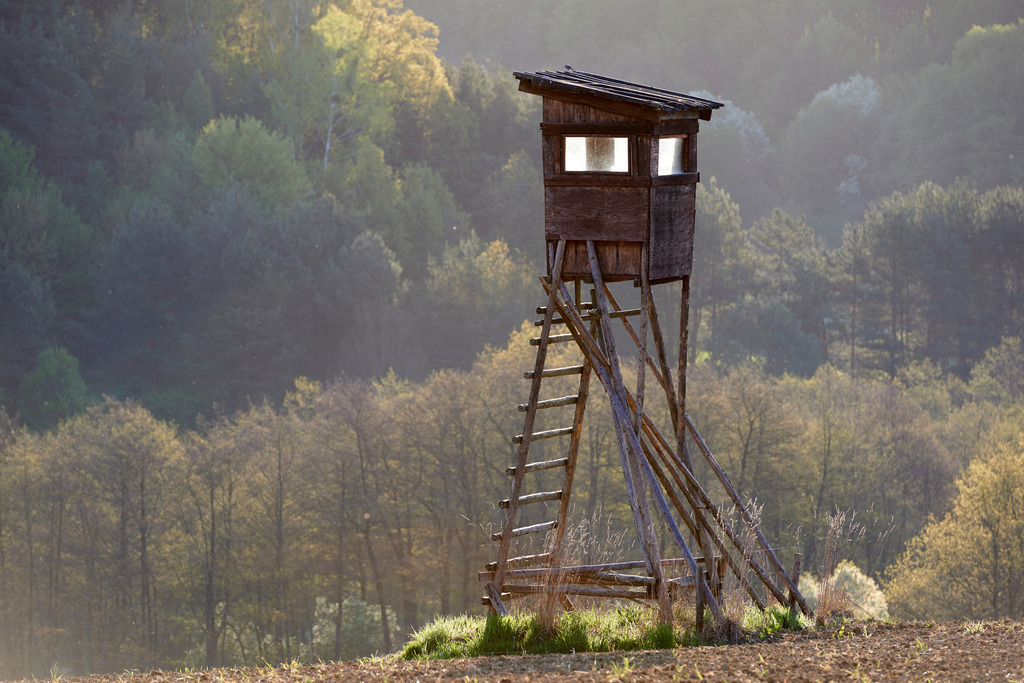 Hochstand im Acker | Steingraben, Austria - April 16, 2016: Hochstand im Streiflicht, im Hintergrund ein Wald. - Realisiert mit Pictrs.com