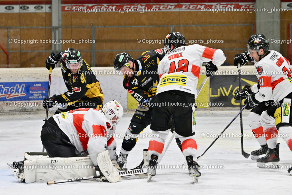 EC MET PHOTOVOLTAIK HORNETS SPITTAL vs. EV ZELTWEG MURTAL LIONS | #12 Glavic Gasper EC Hornets Spittal, #23 Sodja Urban EC Hornets Spittal, #88 Mocher Paul EV ZELTWEG MURTAL LIONS, #48 Stolz Stefan EV ZELTWEG MURTAL LIONS, #24 Grüneis Michael EV ZELTWEG MURTAL LIONS, EC MET PHOTOVOLTAIK HORNETS SPITTAL vs. EV ZELTWEG MURTAL LIONS, EC MET PHOTOVOLTAIK HORNETS SPITTAL vs. EV ZELTWEG MURTAL LIONS am 08.02.2026 in Spittal an der Drau (Eissportzentrum Spittal), Austria, (Photo by Bernd Stefan)