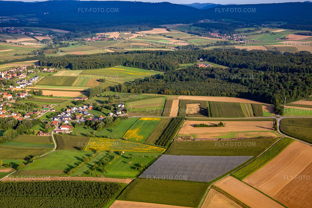 Aerial view: Ferme Grasersloch in Hunspach in the state Bas-Rhin, France. – Photo: IMG_138102.jpg taken on 08/19/2023 by Werner Riehm/FLY-FOTO.com – Resolution of the original: 5472 x 3648 px