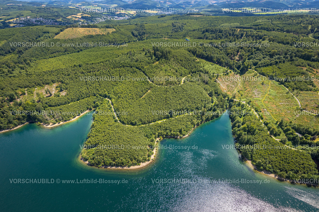 Sundern240708655 | Luftbild, Waldgebiet mit Waldschäden am Sorpesee Ost-Ufer, Blick ins Sauerland, Langscheid, Sundern, Sauerland, Nordrhein-Westfalen, Deutschland
