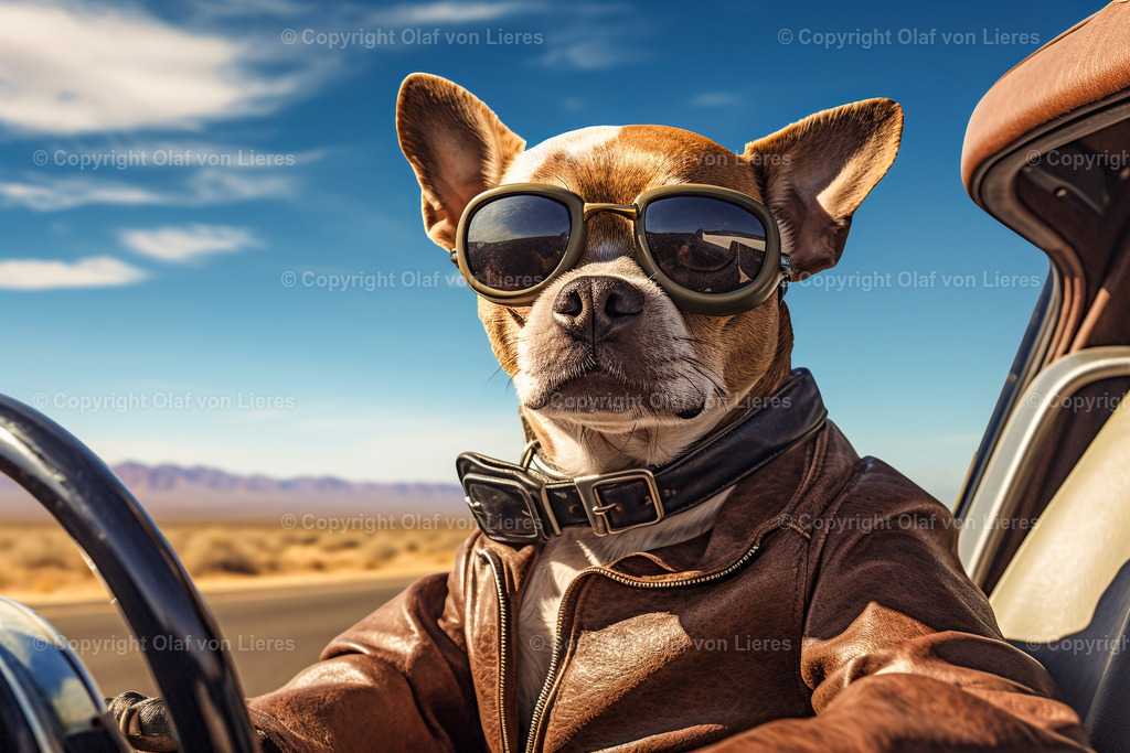 Hund mit Sonnenbrille im Auto | Hund als Autofahrer im Sommer