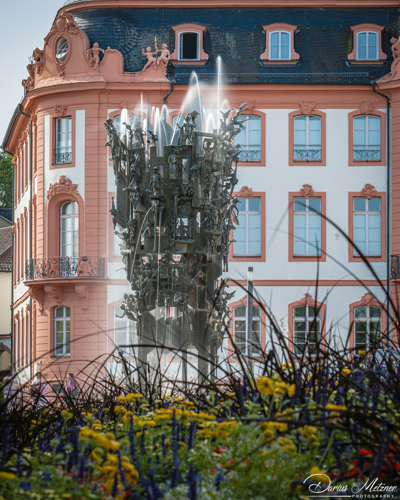 Der Mainzer Schillerplatz | Der Osteiner Hof (1747 und 1752), der Fastnachtsbrunnen davor und das Blumenbeet am Schillerplatz. 