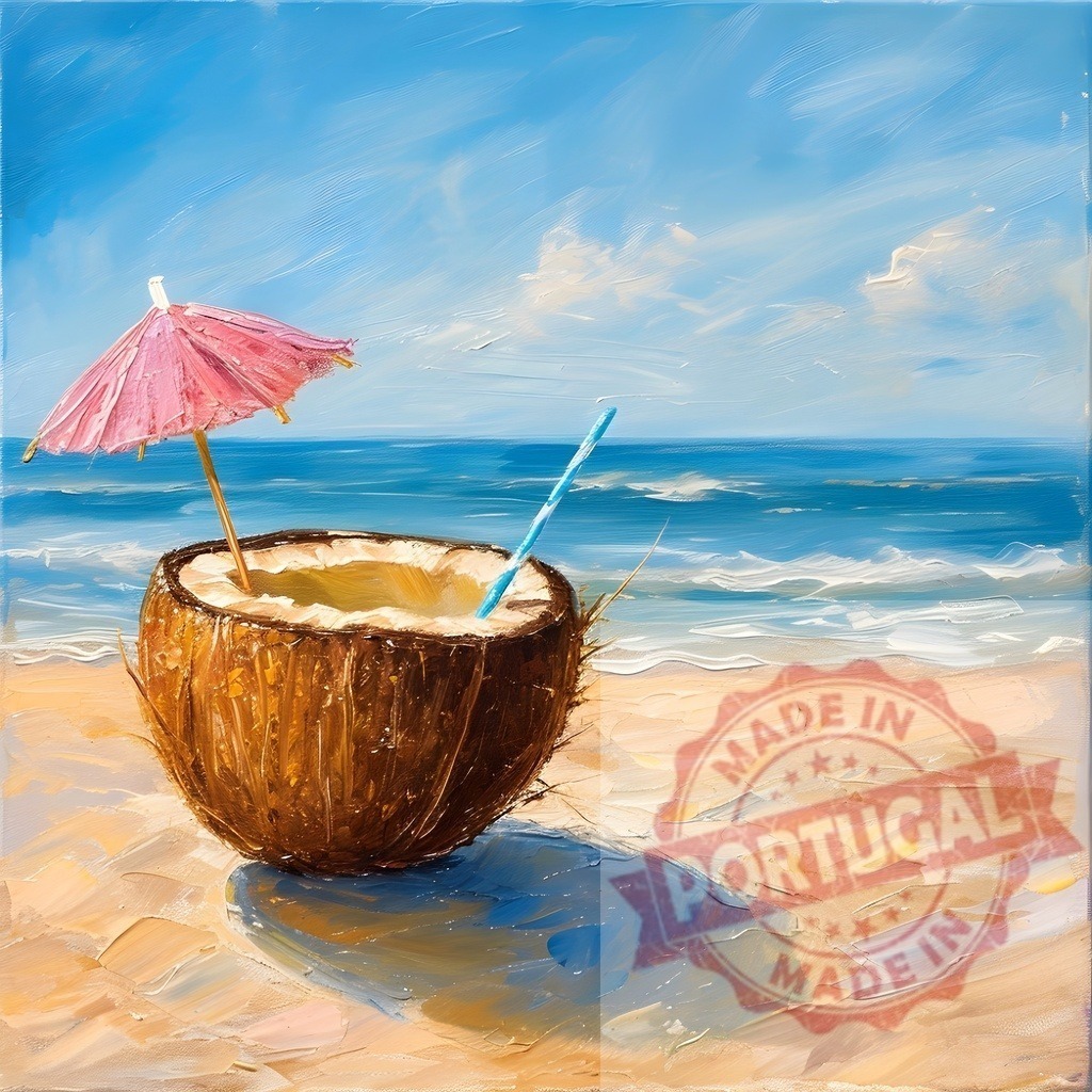Coconut cocktail with pink umbrella standing on a tropical beach painting | Refreshing coconut cocktail with pink umbrella standing on a tropical beach in a vibrant oil painting - Realized with Pictrs.com
