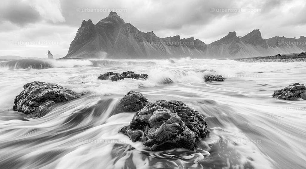 Iceland Rocky Coast With Mountain Background | A breathtaking view of Iceland’s rugged coast, with dark rocks and mountains in the background. This canvas embodies the essence of Iceland’s wild landscapes, making it perfect for adding a touch of rugged, natural beauty to any room. - Realisiert mit Pictrs.com