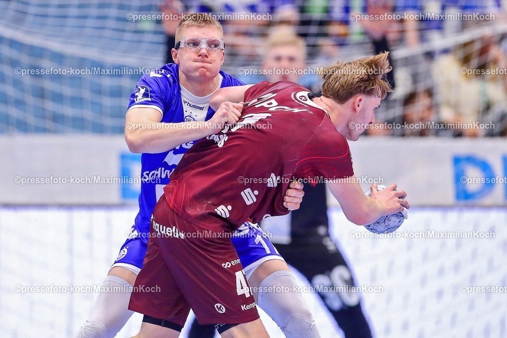 Gum25042501087 | 25.04.2025, Handball, HBL, VfL Gummersbach - 1. VfL Potsdam, Schwalbe-Arena: Patrick Kiesewalter (VfL Gummersbach #17) gegen Dustin Kraus (VfL Potsdam #47) 