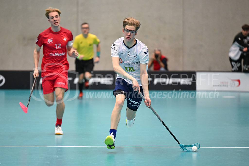 Switzerland B U19 vs Finland U19 - 2. February 2024 | Switzerland B U19 vs Finland U19
U19 Men International Matches in Switzerland
GoEasy Arena, Siggenthal Station
Finland defender #8 Martin Carlsson and Switzerland defender #12 Janis Ribler.
Credit: Markus Aeschimann | <a href="https://www.markus-aeschimann.ch">Sportfotografie Markus Aeschimann</a> | <a href="https://www.instagram.com/sportfotografie.aeschimann">@sportfotografie.aeschimann</a> - Realisiert mit Pictrs.com