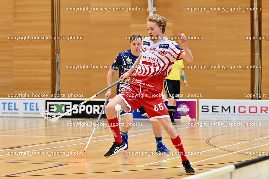 VSV Unihockye vs. KAC Floorball | #65 Viktor Lesnjak KAC Floorball, #25 Jan Blazic VSV Unihockey, VSV Unihockye vs. KAC Floorball, VSV Unihockye vs. KAC Floorball am 13.04.2025 in Villach (Ballspielhalle St. Martin), Austria, (Photo by Bernd Stefan)