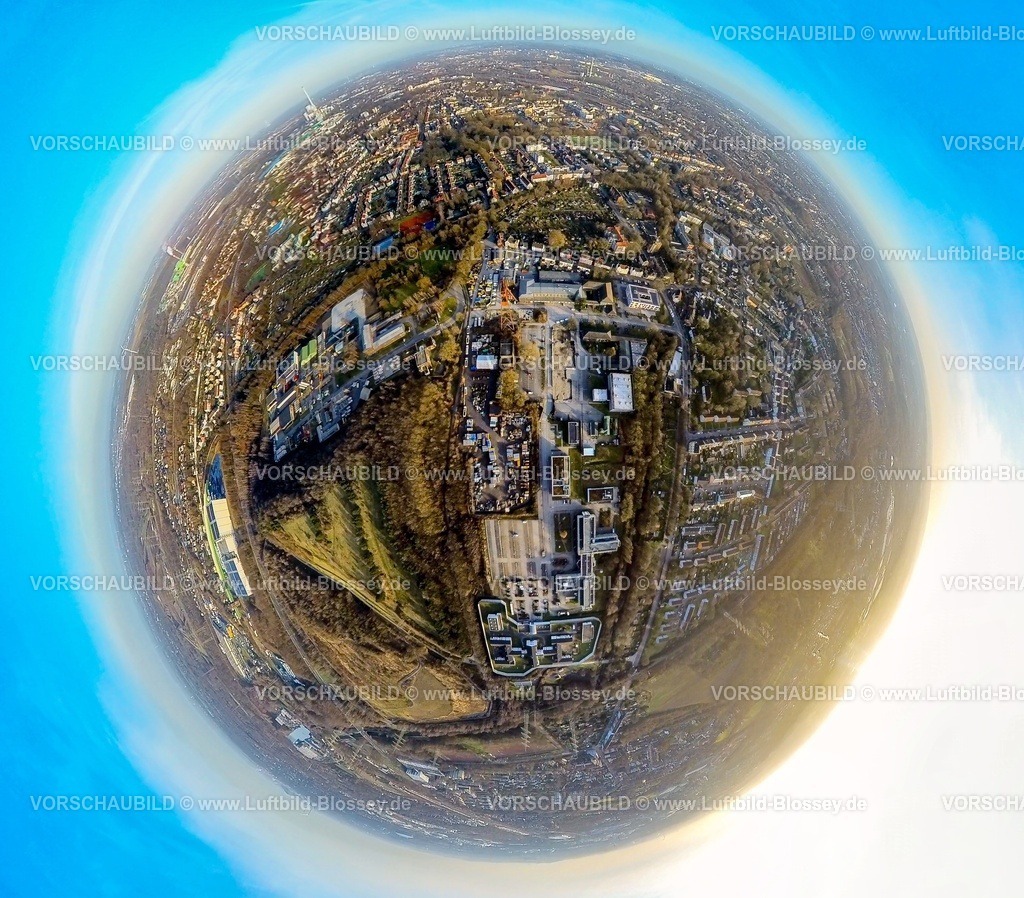 Herne240190099ZechePluto | Luftbild, Zeche Pluto 2/3/7, Zeche Unser Fritz, Berghalde Pluto-Wilhelm, Thyssenhalde, Erdkugel, Fisheye Aufnahme, Fischaugen Aufnahme, 360 Grad Aufnahme, tiny world, little planet, fisheye Bild, Wanne, Herne, Ruhrgebiet, Nordrhein-Westfalen, Deutschland