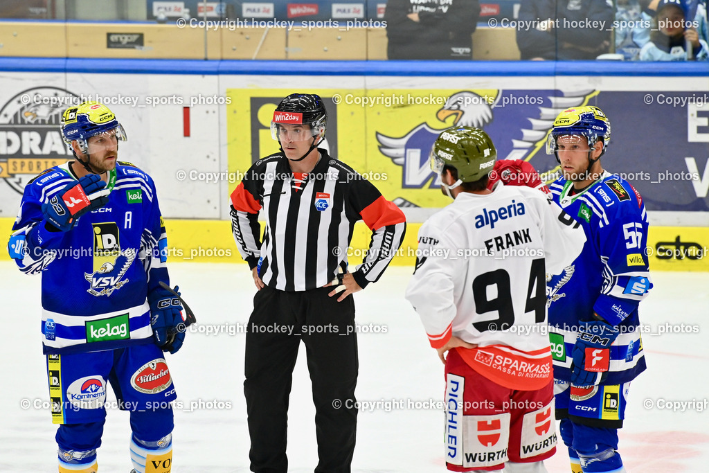 EC IDM Wärmepumpen VSV vs. HC Bozen 19.9.2023 | #84 Andrew Desjardins, Piragic Trpimir Referee, #94 Frank Daniel, #55 SABOLIC Robert,  win2day icehockeyleague, EC IDM Wärmepumpen - HC Bozen  am 19.09.2023 in Villach (Stadhalle Villach), Austria, (Photo by Bernd Stefan)