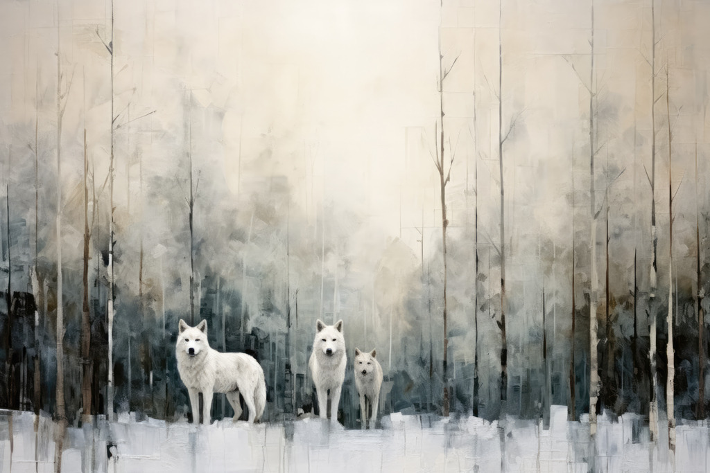 2307184 - Weiße Wölfe | Modernes Wandbild von weissen Wölfen vor einem abstrakten nordischen Waldhintergrund, ein sehr dekoratives farblich dezentes Motiv.