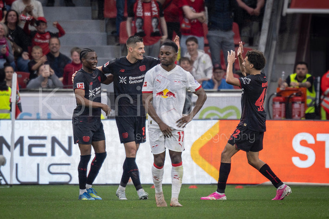 German Bundesliga, Bayer 04 Leverkusen vs. RB Leipzig, 02.05.2026 | LEVERKUSEN, GERMANY - MAY 2, 2026 :  Patrik Schick (Bayer 04 Leverkusen, 14) celebrates scoring his team's third goal with teammates during the German Bundesliga match on gameday 32 between Bayer 04 Leverkusen vs. RB Leipzig at BayArena on May 2, 2026 in Leverkusen, Germany. DFL REGULATIONS PROHIBIT ANY USE OF PHOTOGRAPHS AS IMAGE SEQUENCES AND/OR QUASI-VIDEO.