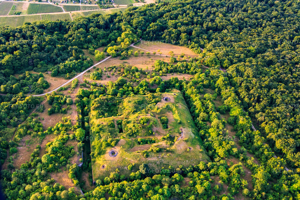 Vue aérienne: Le fort de Lucey, construit en 1874 et submergé dans la forêt, fait partie de la Barrière de fer. à Lucey dans le département Meurthe et Moselle, France – .Photo: IMG_083451.jpg prise le 13/07/2015 par Werner Riehm/FLY-FOTO.eu – Résolution de l'original: 5008 x 3339 px – Fort de Lucey ou du Plessis-Praslin  - Inventaire Général du Patrimoine Culturel