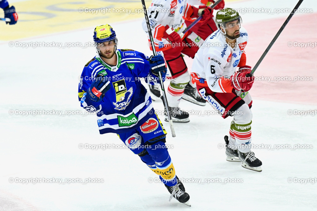 EC IDM Wärmepumpen VSV vs. HC Bozen 19.9.2023 | #8 REBERNIG Maximilian,  #6 Lessio Lucas, win2day icehockeyleague, EC IDM Wärmepumpen - HC Bozen  am 19.09.2023 in Villach (Stadhalle Villach), Austria, (Photo by Bernd Stefan)