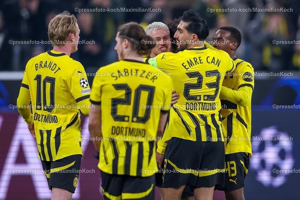 UCL04032502180 | 04.03.2025, Fußball, UEFA Champions League, Borussia Dortmund - OSC Lille, Signal Iduna Park, Runde der 16, Saison 2024 2025: Torjubel nach dem 1:0 durch Karim Adeyemi (BVB #27). Zusammen mit Julian Brandt (BVB #10) Marcel Sabitzer (BVB #20) Julian Ryerson (BVB #26) Emre Can (BVB #23) Jamie Gittens (BVB #43)