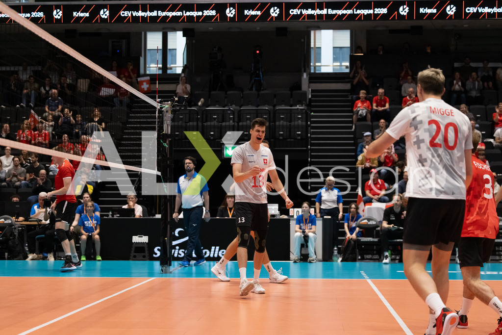 Luxembourg v Switzerland - CEV European League Men | KRIENS, SWITZERLAND - JUNE 12: SIMON MAAG and LARS MIGGE of Switzerland celebrating during the CEV European League match between Luxembourg and Switzerland at Pilatus Arena on June 12, 2026 in Kriens, Switzerland. - Realisiert mit Pictrs.com