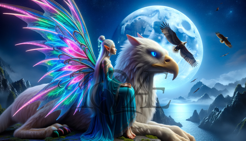 DALL_E 2023-10-06 15.49.17 - Photorealistic scene where the elven lady with her vibrant neon fairy wings is seated on the griffin_ looking out towards the horizon with a contempla | psy4fly - Realisiert mit Pictrs.com