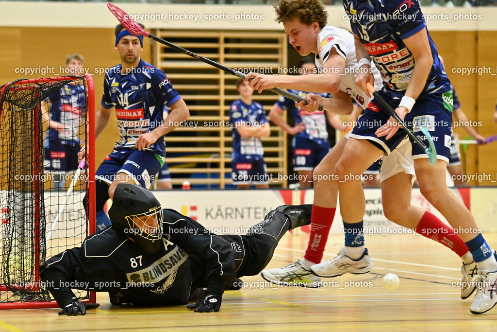 VSV Unihockey vs. KAC Floorball | #87 Timmo Taurer VSV Unihockey, #80 Lino Roth KAC Floorball, #14 Michael Klemm VSV Unihockey, VSV Unihockey vs. KAC Floorball, VSV Unihockey vs. KAC Floorball am 28.03.2026 in Villach (Ballspielhalle St. Martin), Austria, (Photo by Bernd Stefan)