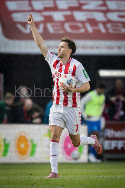 German Bundesliga,  1. FC Koeln - Bayer 04 Leverkusen, 25.04.2026 | KOELN, GERMANY - APRIL 25, 2026 :  Luca Waldschmidt (1. FC Koeln, 7) scored to 1:2 and is celebrating during the German Bundesliga match on gameday 31 between 1. FC Koeln - Bayer 04 Leverkusen at RheinEnergieSTADION on April 25, 2026 in Koeln, Germany. DFL REGULATIONS PROHIBIT ANY USE OF PHOTOGRAPHS AS IMAGE SEQUENCES AND/OR QUASI-VIDEO.