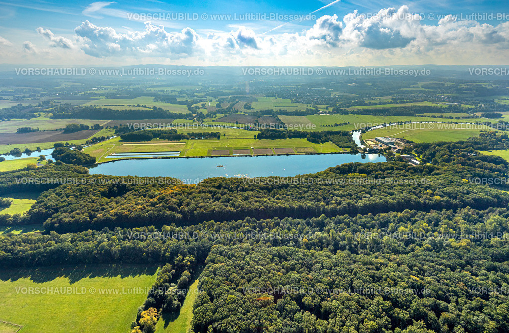 Holzwickede220900886Opherdicke | Luftbild, Stausee Hengsen, Fernsicht mit blauem Himmel und Wolken, Hengsen, Holzwickede, Ruhrgebiet, Nordrhein-Westfalen, Deutschland