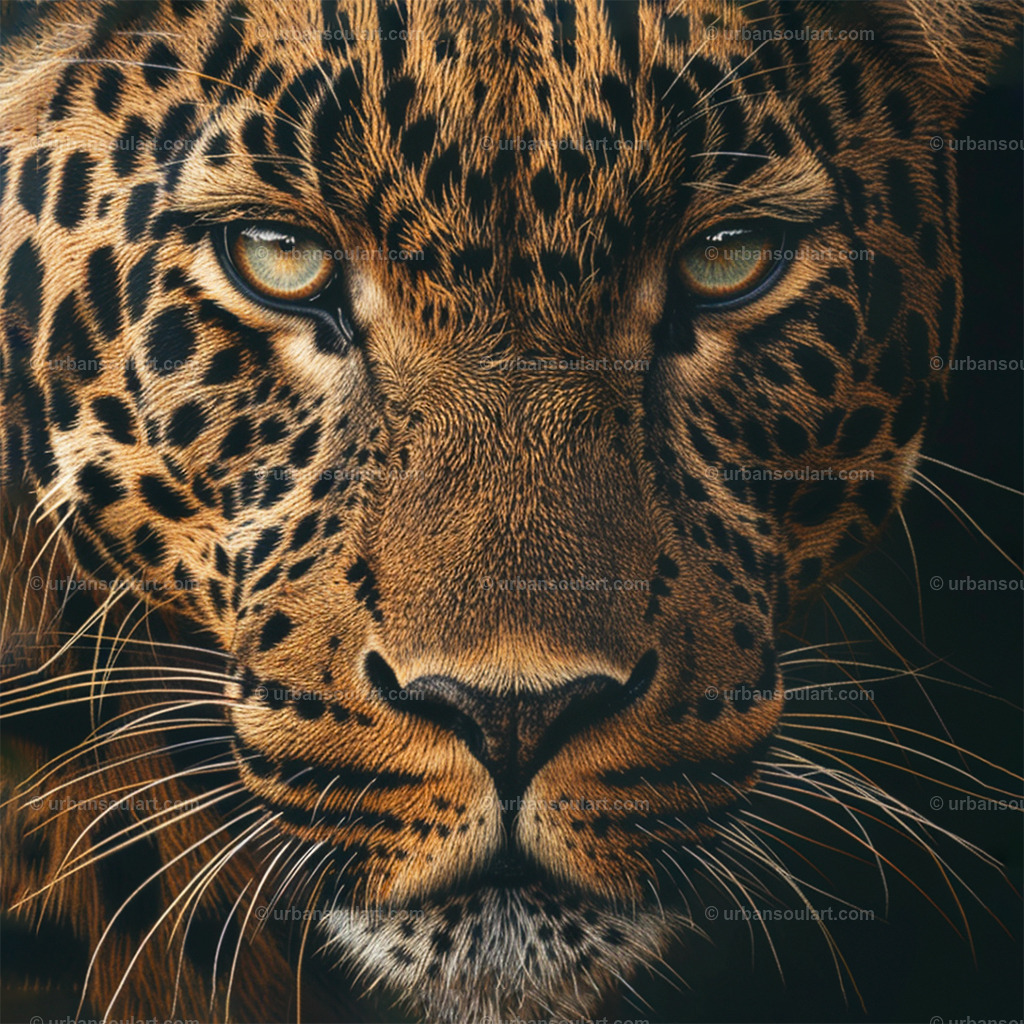 Leopard Close Up | This "Leopard Close Up" artwork captures the intense gaze of a leopard in stunning detail. The artwork radiates the wild essence and mystery of the jungle, making it an ideal piece for nature and wildlife enthusiasts. - Realisiert mit Pictrs.com