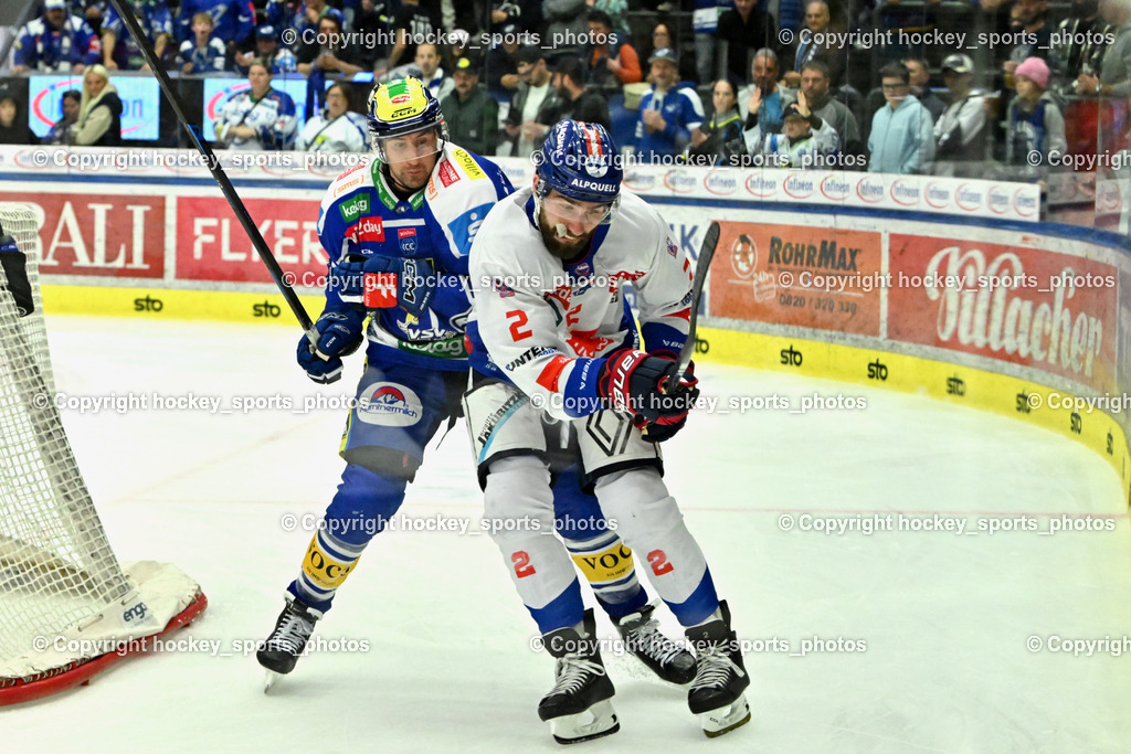 EC IDM Wärmepumpen VSV vs. HC Tiwag Innsbruck-Die Haie | #2 Cole Moberg HC Innsbruck, #91 Nick Hutchison EC VSV, EC IDM Wärmepumpen VSV vs. HC Tiwag Innsbruck-Die Haie, EC IDM Wärmepumpen VSV vs. HC Tiwag Innsbruck-Die Haie am 11.10.2025 in Villach (Stadthalle Villach), Austria, (Photo by Bernd Stefan)